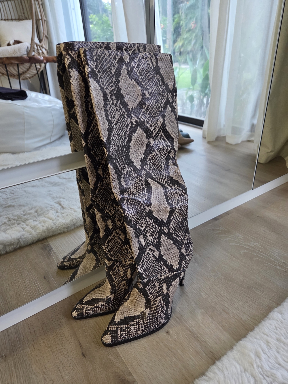 Steve Madden Snake-Print Knee-High Boots in Black & Cream
